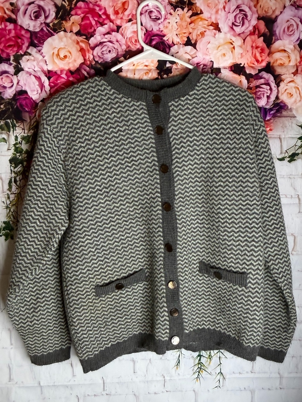 Alfred Dunner Gray & White Zigzag Knit Cardigan - Picture 2 of 5
